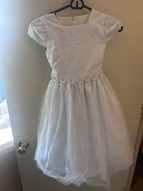 White Girls' Formal Dress with Rosette Waistband